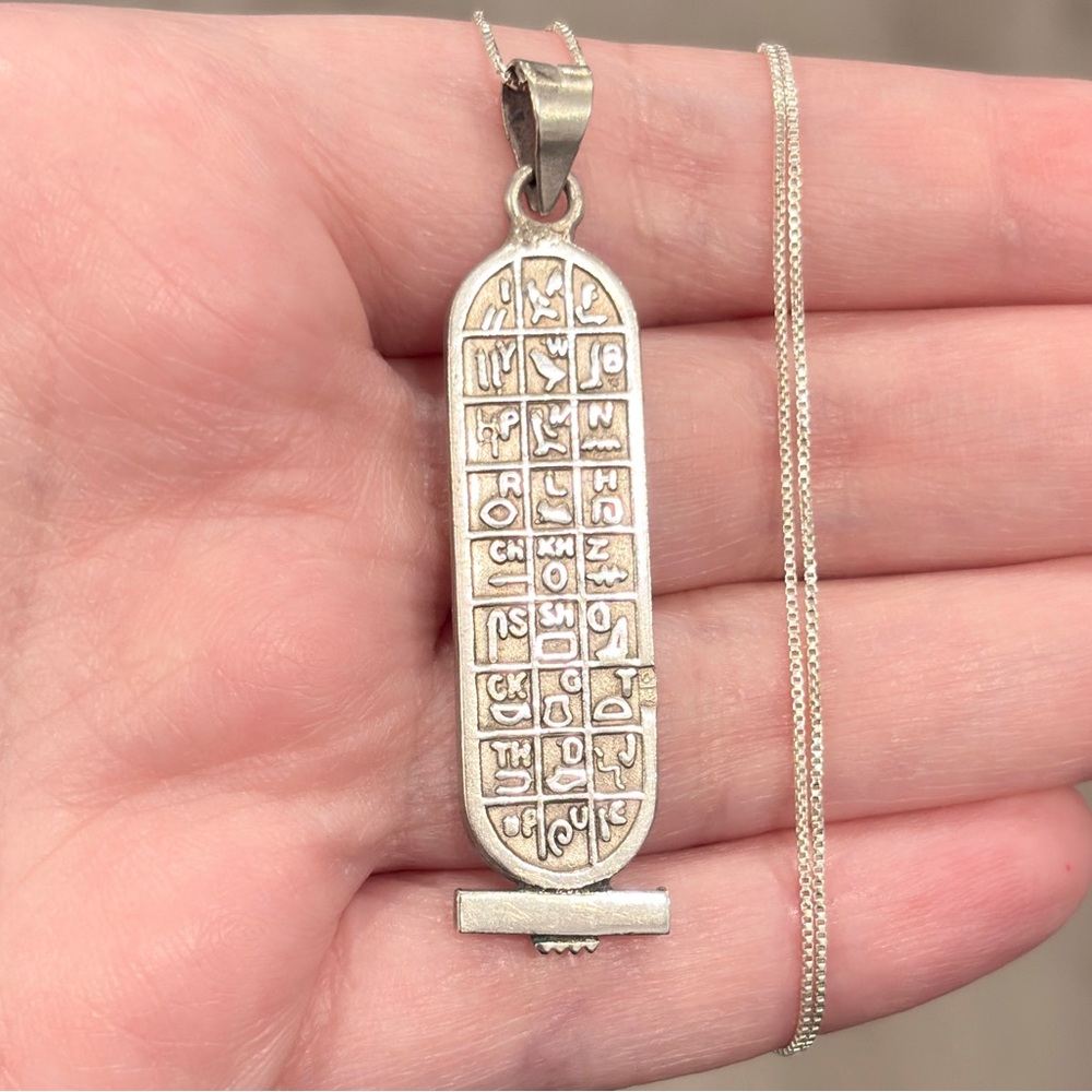Vintage Sterling 14K Egyptian Cartouche Necklace Double Sided Hieroglyphics - Picture 12 of 16
